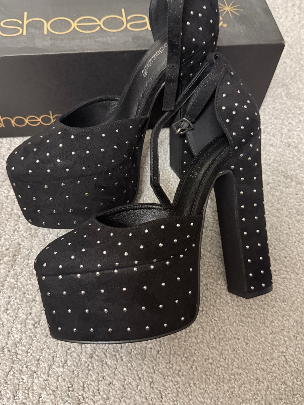 Shoe Dazzle Black Studded Suede Platform Pumps